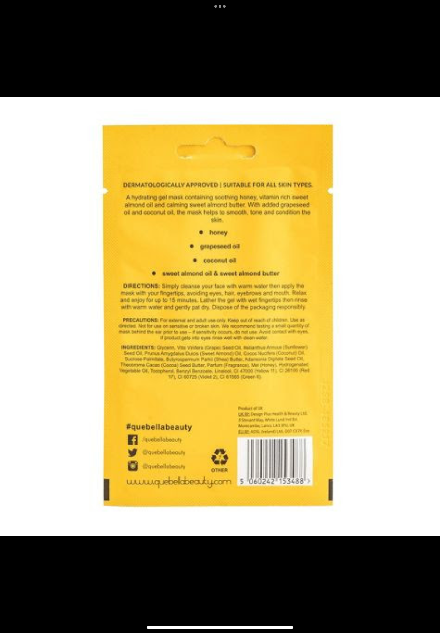 Que Bella Soothing Honey & Almond Hydrating Gel Mask 0.5oz