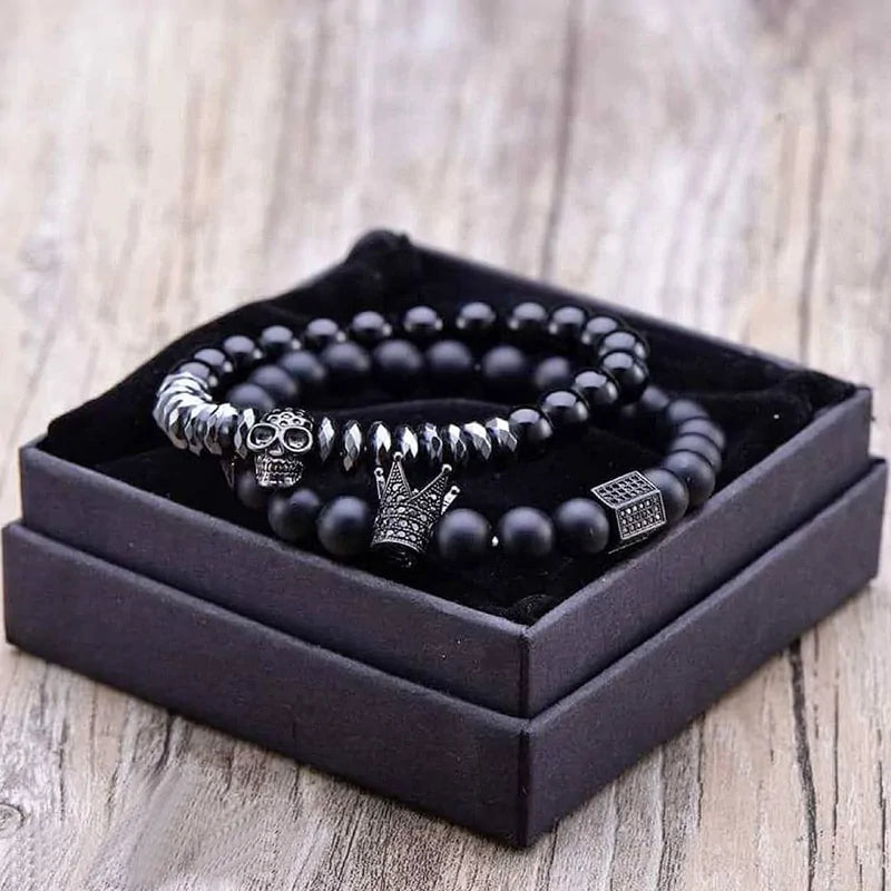 Matte Oxyn Stone Beads Skull Bracelet Set Crown