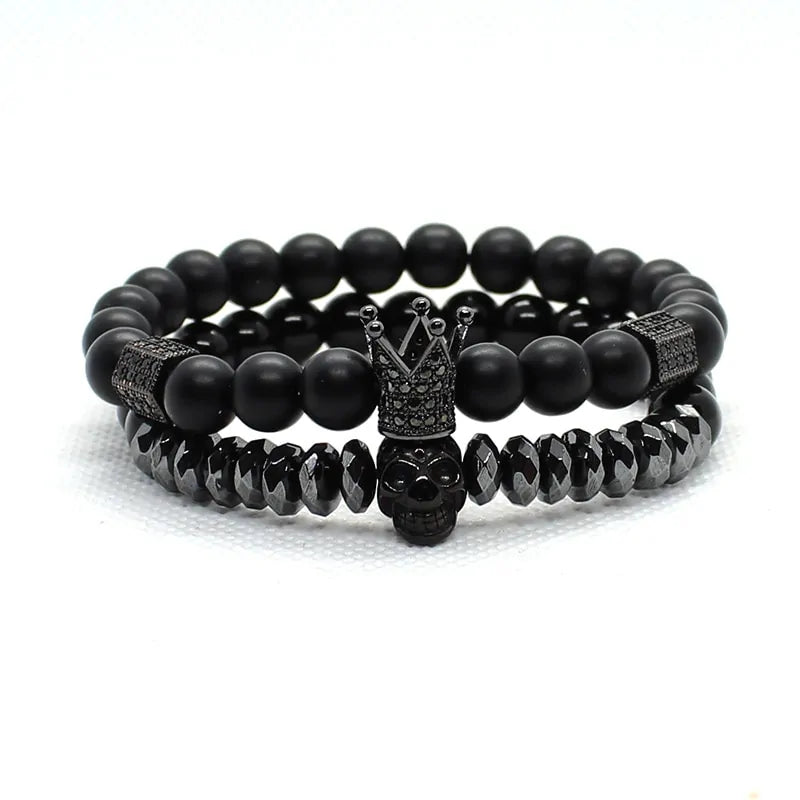 Matte Oxyn Stone Beads Skull Bracelet Set Crown