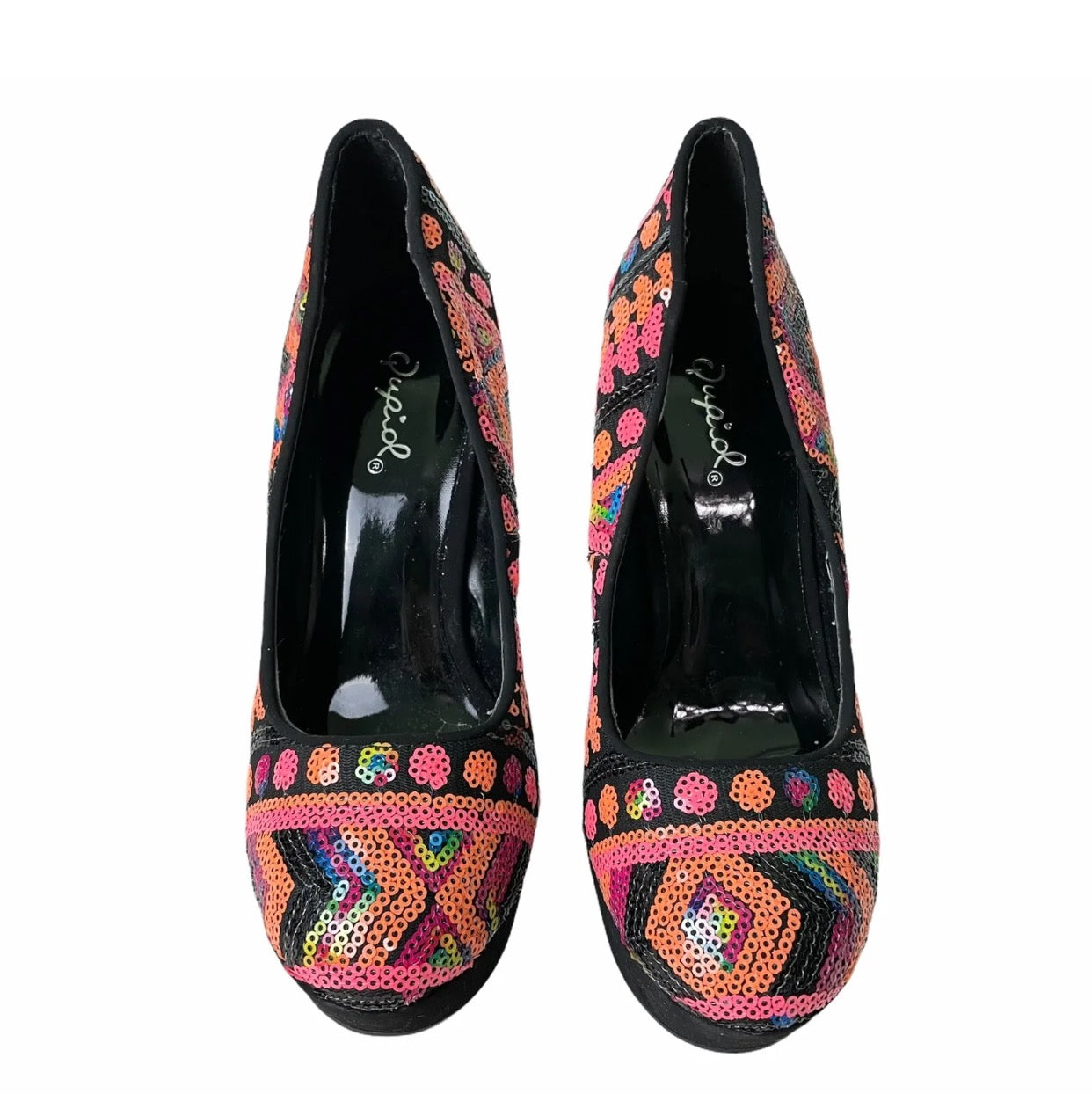 Black Sequin Geometric Platform Stiletto Qupid Heels