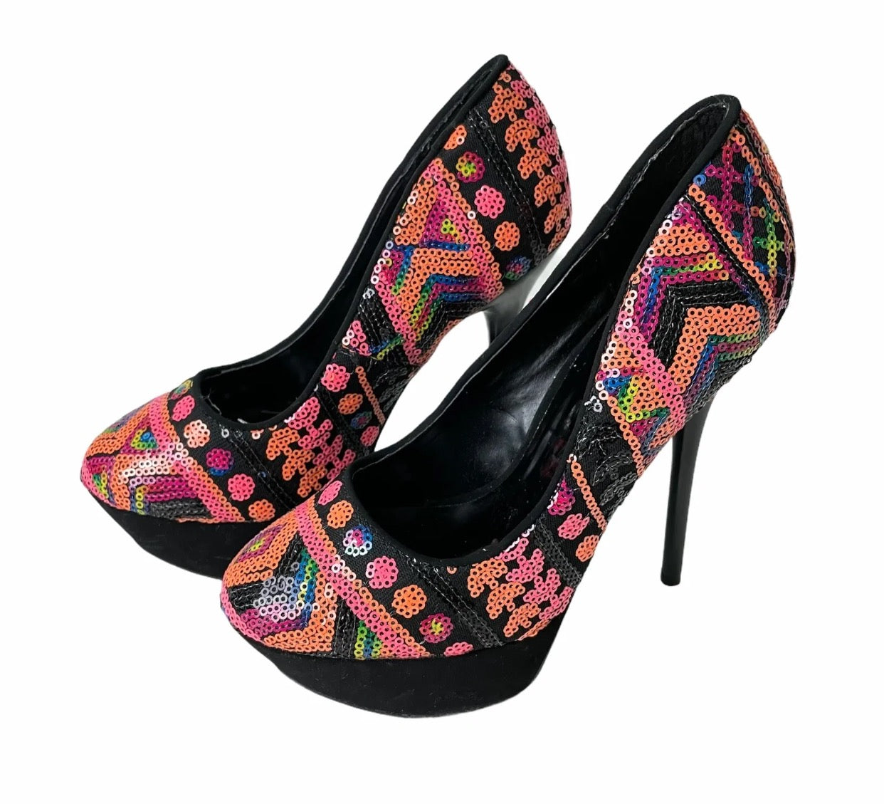 Black Sequin Geometric Platform Stiletto Qupid Heels