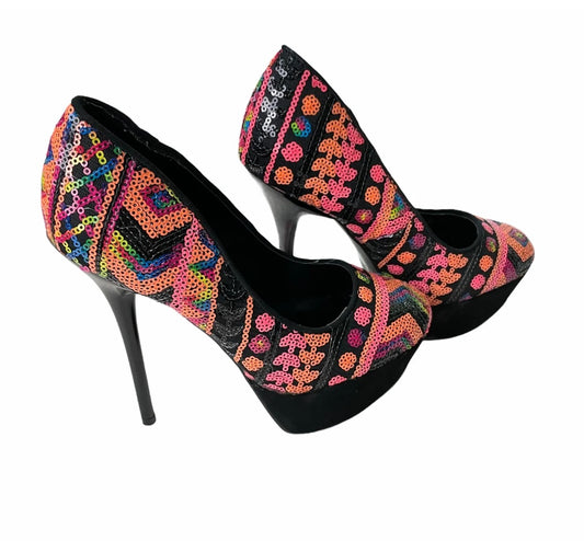 Black Sequin Geometric Platform Stiletto Qupid Heels