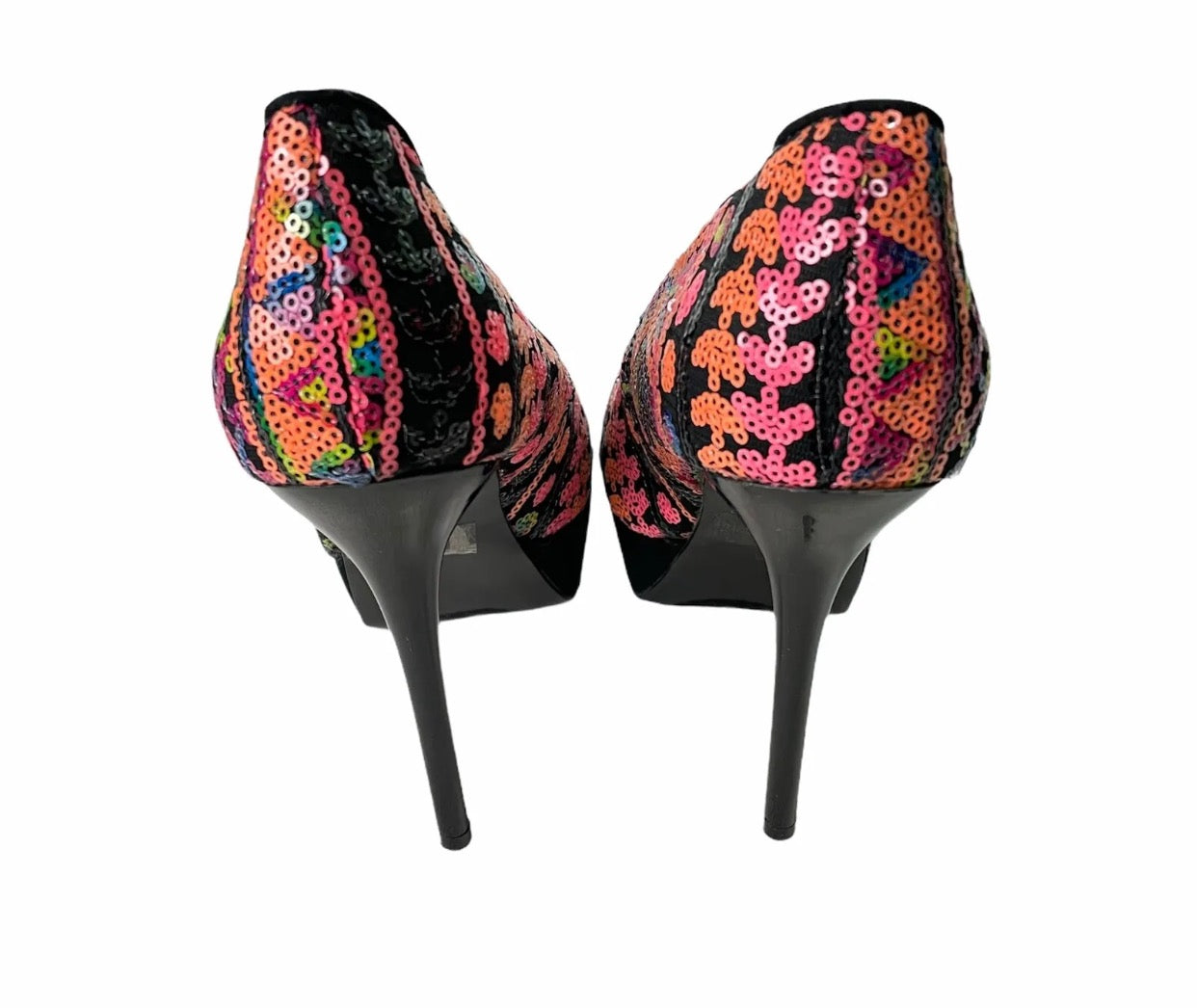 Black Sequin Geometric Platform Stiletto Qupid Heels