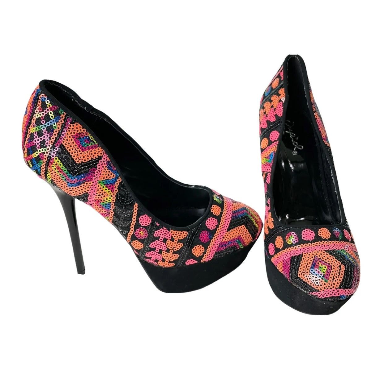Black Sequin Geometric Platform Stiletto Qupid Heels