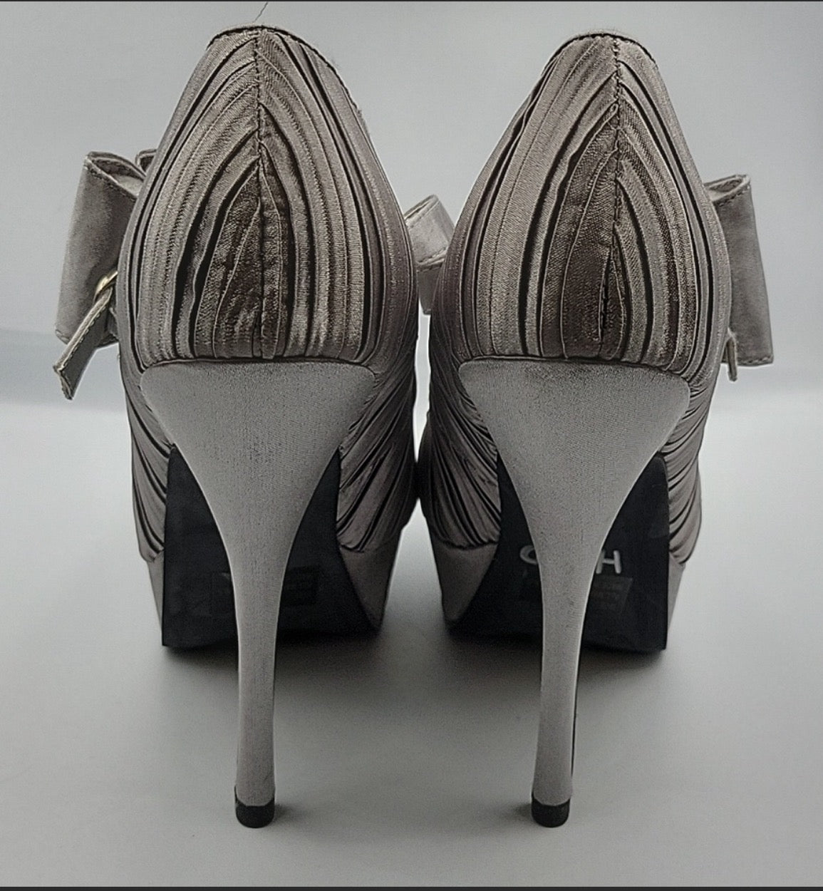 Gray Pewter Satin Qupid Heels With Bow