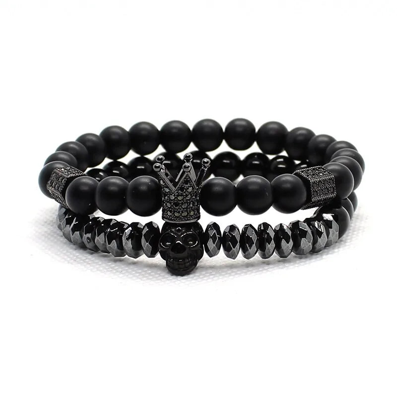 Matte Oxyn Stone Beads Skull Bracelet Set Crown