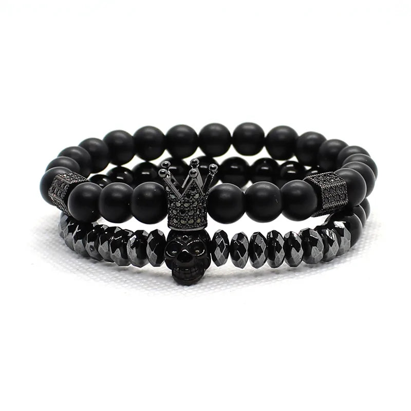 Matte Oxyn Stone Beads Skull Bracelet Set Crown