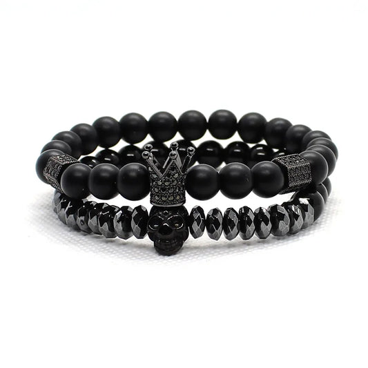 Matte Oxyn Stone Beads Skull Bracelet Set Crown